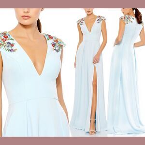 NWT IEENA Mac Duggal [ 8 ] 26540 Floral Beaded Cap Sleeve A‎ Line Gown Blue